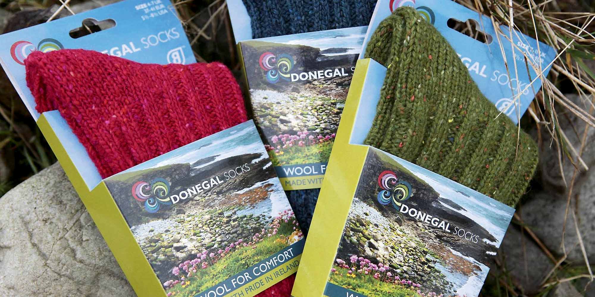 Stocaí Dhún na nGall Image of a selection of Donegal Socks in their packaging