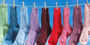Image of a selection of Donegal socks on a clothesline