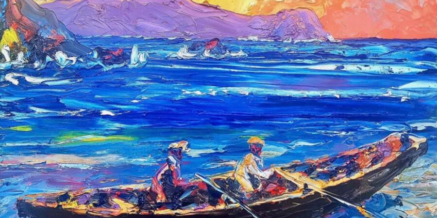 Péintéireacht de naomhóg agus fir ar uisce uaidh Susan Callery Greenlane Gallery