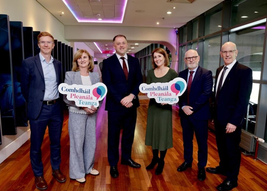 At the Language Planning Conference in Croke Park: Rónán Mac Con Iomaire (Údarás na Gaeltachta), Siubhán Nic Grianna (Údarás na Gaeltachta), Thomas Byrne (Minister of State), Regina Uí Chollatáin (Chairperson, Foras na Gaeilge), Seán Ó Coinn (Chief Executive, Foras na Gaeilge) and Feargal Ó Coigligh (Secretary General in the Department of Tourism, Culture, Arts, Gaeltacht, Sport and Media) discussing the development and future of the Irish language