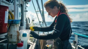 Marine Scientist Conducts Oceanic Research on Calm Seas Under Bright Sunlight